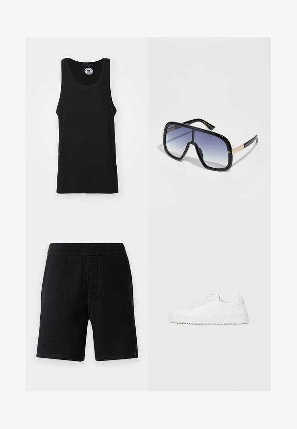 Svart ermeløs tanktopp laget av bomull med rund hals og embossed logo detalj på forhånd. Rent, minimalistisk design.; Sorte treningsshorts laget av mykt materiale; har en elastisk midje, to sidelommer og kontraststing.; Hvit sneaker med en glatt skinnoverdel, avrundet tå, snøring, teksturerte sideakenter og en tykkgummisåle. Minimalistisk design.; Overdimensjonerte svarte solbriller med gradient lilla linser, glansfull finish og gullakenter på stilken. Rektangulær rammeform.