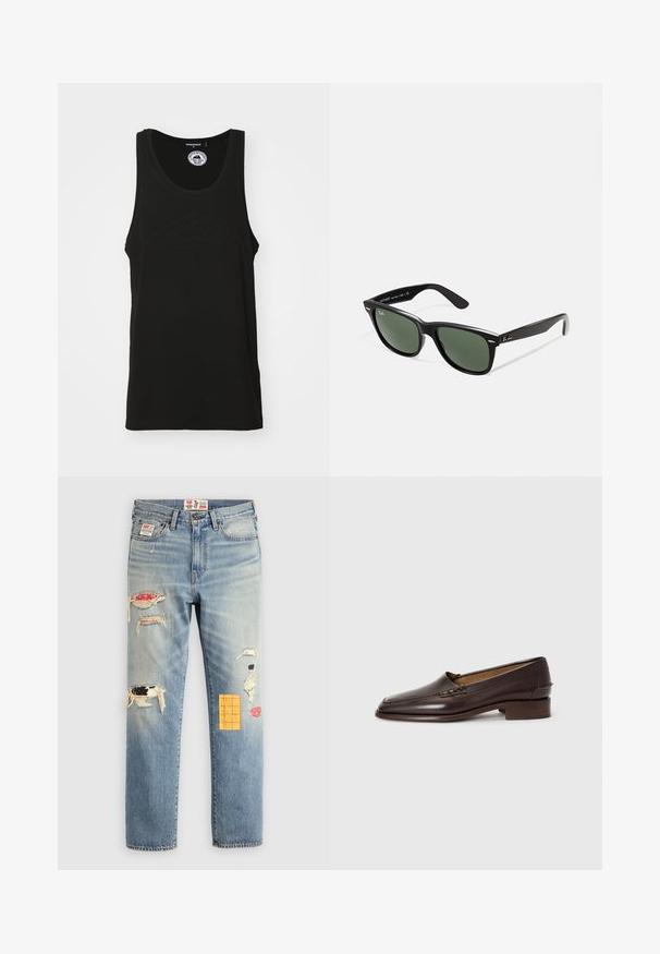 Black sleeveless tank top made of cotton with a round neckline and embossed logo detail on the front. Clean, minimalistic design.; Light blue denim jeans with a relaxed fit, featuring distressed patches in various colors and patterns, including orange and red accents.; Brown leather loafers with a slightly pointed toe, low stacked heel, and decorative stitching on the upper. Smooth texture, minimalist design.; Black plastic sunglasses with green lenses, square frames, silver accent on the brow, and textured temple arms. Stated brand on inner arm.