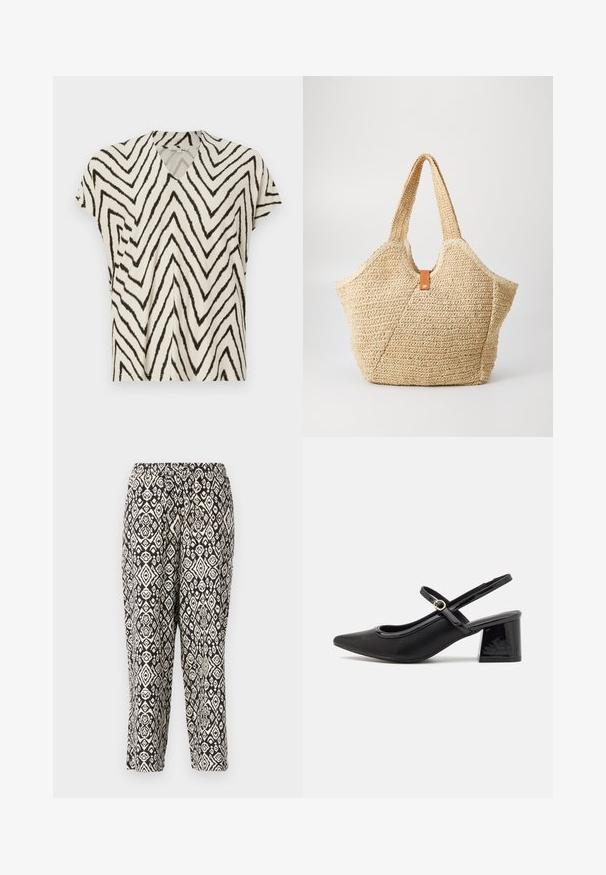 Kratka rokava V-izrez majica v kremni barvi z črnim zigzag vzorcem. Mehak material, sproščeno prileganje in bočne šive za dodatno strukturo.; Črno-bela kratka majica s kratkimi rokavi s diamantnim vzorcem in podrobnostmi na sprednjem delu. Narejena iz lahkotnega materiala z ovratnikom.; Hlače z vzorcem v črni in kremni barvi. Imajo elastični pas in ponavljajoči se geometrijski vzorec z diamanti in cvetličnimi motivi.; Črne patentne usnjene salonarce s slingback obliko, s koničastim nosom, zaobljenim izrezom in blok peto. Imajo zlato kovinsko zaponko kot dodatno okrasje.; Velika slamnata torba z zrnato bež zunanjostjo in dvema širokima ročajema. Ima kožno poudarjeno naramnico za zapiranje.