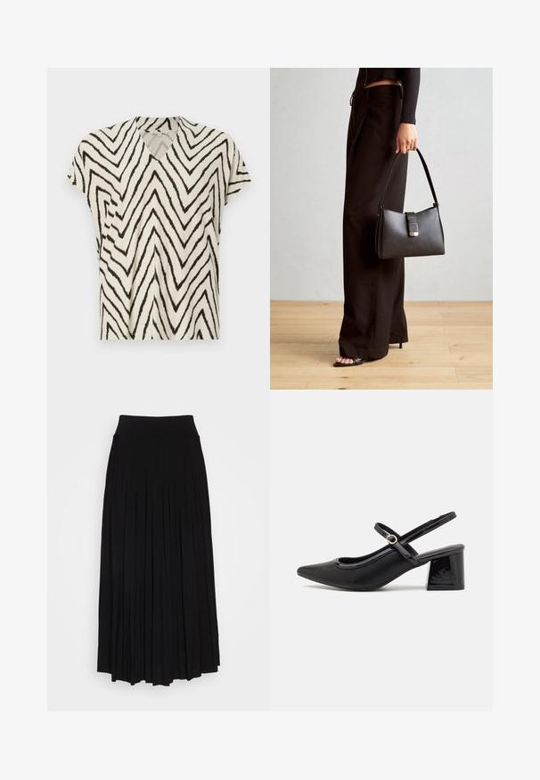 Kurzarmer V-Ausschnitt Oberteil in Creme mit schwarzem Zickzackmuster. Weicher Stoff, lockere Passform und Seitennaht für zusätzliche Struktur.; Schwarzer plissierter Rock mit breitem, dehnbarem Bund. Gefertigt aus weichem Stoff, mit vertikalen Falten für eine fließende Silhouette.; Schwarze Lackleder-Slingback-Absätze mit spitzer Zehenform, einem runden Ausschnitt-Design und einem Blockabsatz. Mit einem goldfarbenen Schnallenakzent.; Schwarze Handtasche mit strukturierter Form, glatter Textur und einem metallischen Verschluss. Kombiniert mit weiten schwarzen Hosen und offenen Sandalen auf einem Holzboden.