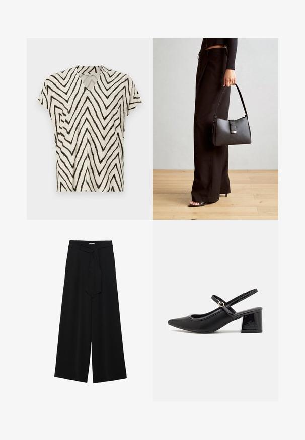Kreemivärvi lühikeste varrukatega V-kaelusega topp musta siksakiprindiga. Pehme kangas, mugav lõige ja külg seams struktuuri lisamiseks.; Mustad laiad püksid, millel on tekstureeritud kangas, elastne vöökoht ja eemaldatav pael vööst, et reguleerida sobivust.; Mustad läikivad nahast slingback-kõrged kontsad, millel on terav nina, ümar lõikekujundus ja blokknina. Omab kuldset nupu aktsenti.; Must musta kott, millel on struktureeritud kuju, sile tekstuur ja metallist klamber. Kombineeritud laiate mustade pükstega ja avatud varvaste sandaalidega puidust põrandal.