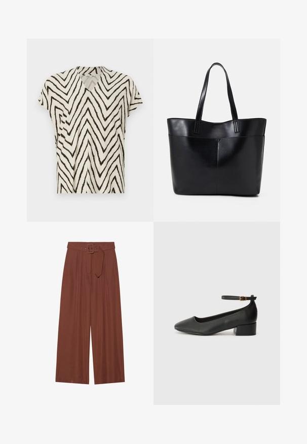 Krátky rukáv, top s výstrihom do V v krémovej farbe s čiernym cik-cak vzorom. Mäkká tkanina, voľný strih a bočné švy pre lepšiu štruktúru.; Hnedé široké nohavice vyrobené z látky, s opaskom so štvorcovou prackou, s nariaseným dizajnom a hladkou textúrou.; Čierne kožené lodičky s špicatou špičkou a nízkym blokovým podpätkom. Obsahuje remienok okolo členka so zlatým prackou. Hladký povrch.; Čierna kožená tote taška s dvoma dlhými rúčkami, hladkým povrchom a štruktúrovaným tvarom. Obsahuje prednú kapsu pre dodatočné uskladnenie.