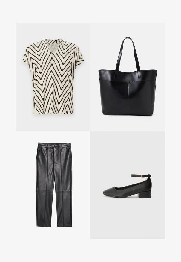 Short-sleeve V-neck top in cream with black zigzag print. Soft fabric, relaxed fit, and side seams for added structure.; Black leather trousers with a smooth texture, featuring a straight fit, two front pockets, and visible seam detailing.; Black leather pump with a pointed toe and a low block heel. Features an ankle strap with a gold-tone buckle. Smooth texture.; Black leather tote bag with two long handles, a smooth texture, and a structured shape. Features a front pocket for additional storage.