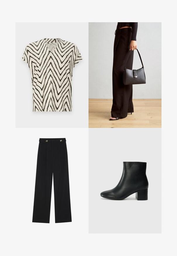 Kortærmet V-hals top i creme med sort zigzag-mønster. Blødt stof, afslappet pasform og sidelommer for ekstra struktur.; Sorte vide bukser med høj talje, knapdetaljer på taljebåndet og frontfald.; Sorte læder ankelstøvler med spids tå og en kraftig hæl. Glat tekstur med minimale detaljer og et slankt, tætsiddende design.; Sort håndtaske med struktureret form, glat overflade og metalspænde. Sammen med brede sorte bukser og sandaler med åben tå på trægulv.