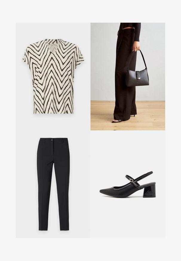 Top de manga corta en color crema con estampado de zigzag negro. Tejido suave, ajuste relajado y costuras laterales que añaden estructura.; Pantalones negros ajustados de tela suave, con una cinturilla clásica, cremallera frontal y bolsillos laterales, todo en un diseño elegante y a medida.; Tacones slingback de charol negro con punta afilada, un diseño de corte redondeado y tacón bloque. Incluye un detalle de hebilla en tono dorado.; Bolso negro con forma estructurada, textura suave y un cierre metálico. Combinado con pantalones anchos negros y sandalias de dedo en un suelo de madera.