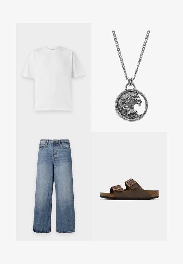 Vit bomulls t-shirt med rund halsringning och korta ärmar. Har en lös passform och en slät yta. Inga synliga mönster eller grafik.; Breda blå denimjeans med en urtvättad look, femficksdesign och knäppning med knapp. Utrustade med bälteshällor och sydda detaljer.; Brun tvåremmad sandal med kopparfärgade spännen, korkfotbädd och gummisula. Elegant design med justerbara remmar för passform.; Silverhalsband med ett runt hänge som har en våg- och lejonmotiv, detaljerad textur och en kedja med växelvis släta och strukturerade länkar.