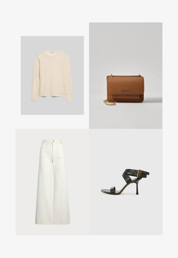 Långärmad t-shirt i krämfärg med mjukt tyg, som har en rund halsringning och rak skärning i fållen. Minimal design.; Vida jeans i off-white denim. Hög midja med knappstängning, två framfickor och kontrastsömnadsdetaljer.; Svart klack-sandal med korsade remmar och justerbar spänne. Har en slät textur och en taperad stilettklack.; Brun texturerad läder crossbody-väska med guldkedja och klaffstängning. Framsidan har logotypdetalj och en ficka under klaffen.