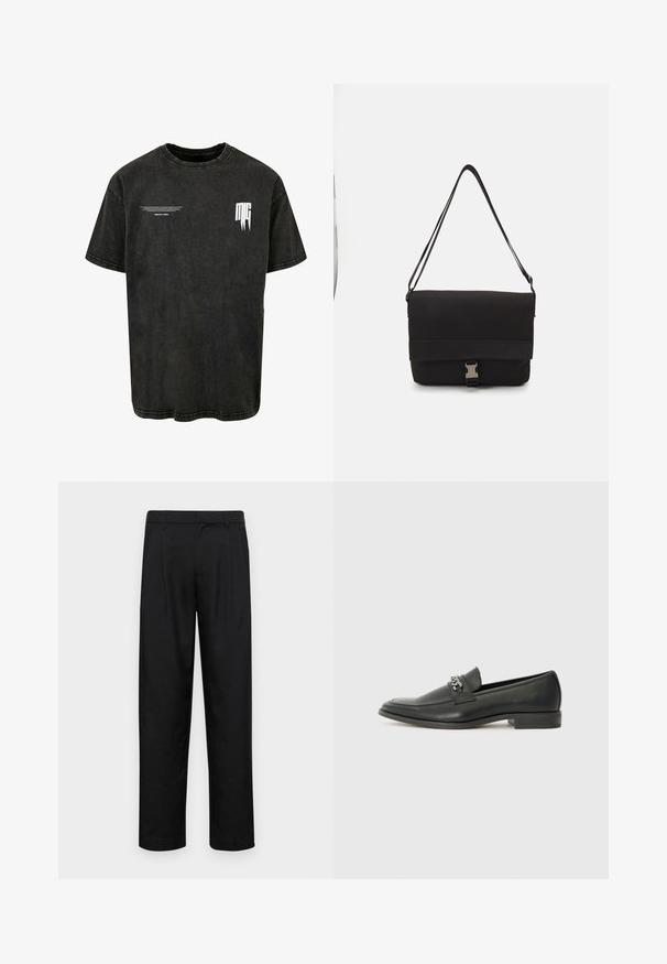 Sort kortærmet T-shirt lavet af denimstof. Har en afslappet pasform, rund halsudskæring og hvidt trykt logo på brystet.; Sorte bukser lavet af glat stof, med et lige ben-design, to frontfolder og en standard talje med bæltestropper.; Sorte læder loafers med en glat finish, der har et syet design og et dekorativt metal kædeaccent hen over vamps. Flad hæl.; Sort messenger taske lavet af glat materiale, med en fold-over klap, sølvfarvet lukning og et justerbart skulderrem.