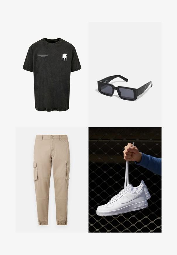Sort kortærmet T-shirt lavet af denimstof. Har en afslappet pasform, rund halsudskæring og hvidt trykt logo på brystet.; Beige cargo bukser i et letvægts bomuldsstof. Har elastiske manchetter, flere sidelommer og en knaplukning.; Hvide lædersneakers med perforeringer, rund tå, flad sål og tykke snørebånd, med et synligt swoosh-logo og "AIR" på hælen.; Sorte rektangulære solbriller med tykke stel og mørke linser. Designet med vinklede kanter og et diskret logo på stangen.