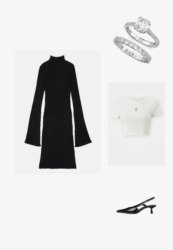 Skraćeni bijeli majica od mekog materijala, s malim izvezenim crtanih likom na prsima, kratkim rukavima i zaobljenim izrezom.; Crna rebrasta haljina s lažnim ovratnikom i raširenim rukavima. Tkanina ima teksturirani, vertikalni uzorak. Rub je blago valovit.; Crne lakirane natikače na remenčić sa špicastim nosom, dizajnom sa izrezima sa strane i malim kvadratnim potplatom. Glatka tekstura s minimalnim akcentima.; Prsten za zaruke od bijelog zlata s okruglim središnjim kamenom i pratećom trakom s više manjih kamenčića.