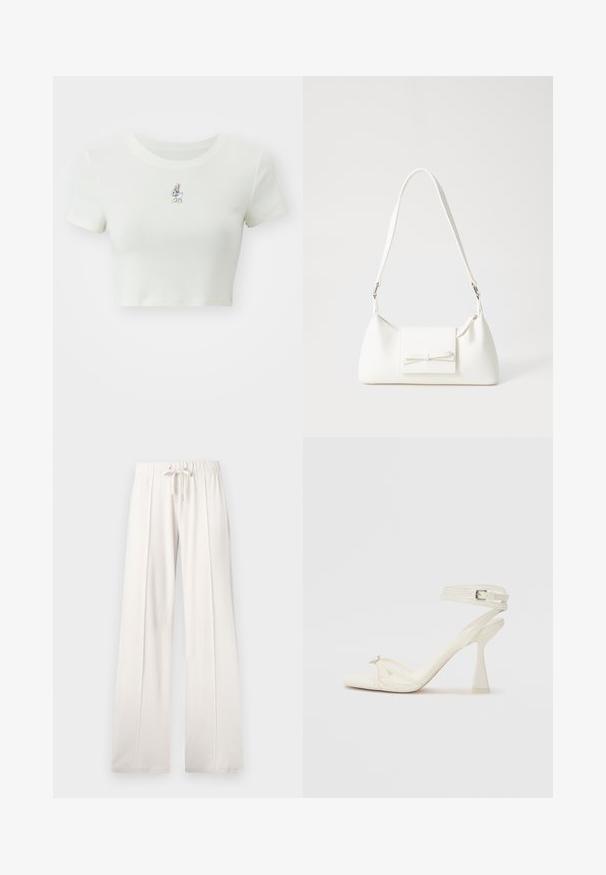 Tricou alb scurt, realizat dintr-un material moale, cu un mic personaj de desene animate brodat pe piept, mâneci scurte și un decolteu rotund.; Pantaloni de trening bej deschis, confecționați dintr-un material moale, având o talie cu șnur, picioare largi și cusături verticale, cu o textură netedă.; Sandalele cu toc înalt, cu bretele, din piele albă, cu un design elegant, toc transparent și un element decorativ la vârf.; Geantă sintetică albă, cu formă triangulară, capac frontal plat și detaliu cu fundă, curea ajustabilă, textură netedă și design minimalist.