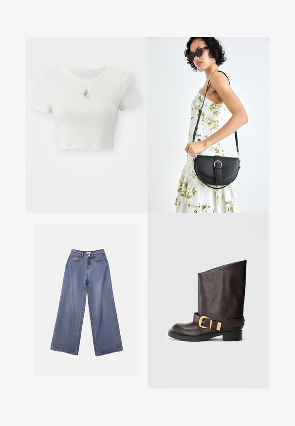 Camiseta branca cropped feita de tecido suave, com um pequeno personagem de cartoon bordado no peito, mangas curtas e decote arredondado.; Calças de ganga de perna larga numa lavagem azul clara, com uma cintura alta, bolsos frontais e fecho de botão com passadores para cinto.; Bota de couro castanha escura até ao meio da panturrilha, com sola preta, salto baixo e tira decorativa com fivela dourada à volta do tornozelo, apresentada de lado.; Bolsa de couro preta com forma curva, alça destacável e detalhes em dourado. A bolsa possui uma aba com detalhe de fivela.