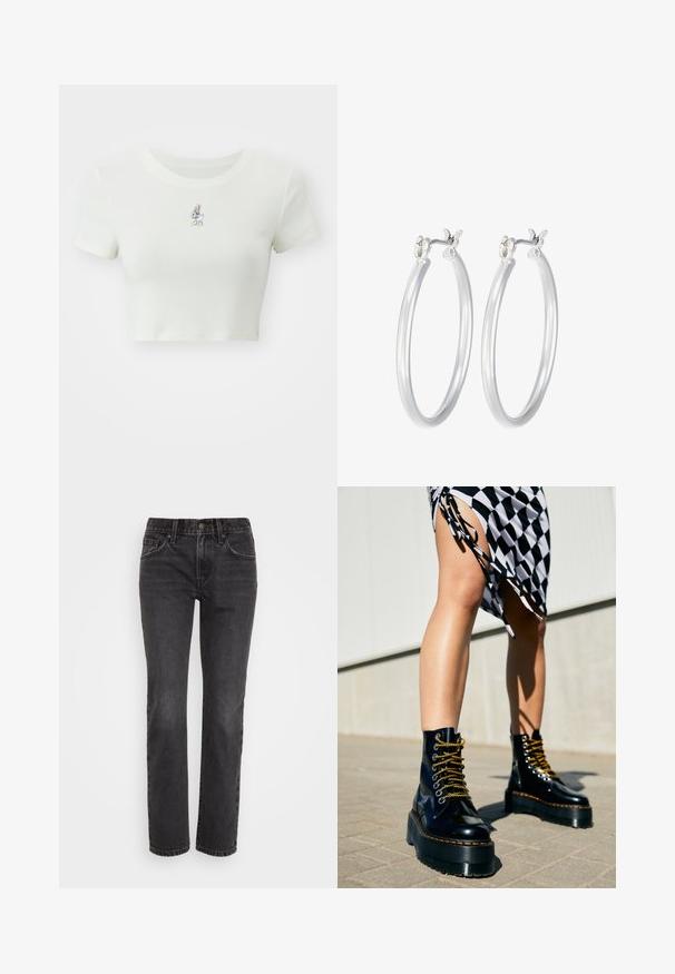 Kratka bela majica iz mehkega materiala, z majhnim izvezenim risanim likom na prsih, kratkimi rokavi in okroglim izrezom.; Črne traper hlače z ravnim krojem, ki imajo klasičen pet-pocket dizajn, zadrgo in kontrastno šivanje ob šivih.; Črne usnjene platform cipele s debelim podplatom, zlatimi vezalkami in oranžnim šivom, v kombinaciji s karirasto krilo, ki prikazuje stranski razporek.; Srebrni obroči za ušesa z gladko, polirano površino. Okrogla oblika in varna zaponka s klikom. Lahka zasnova, primerna za vsakodnevno nošenje.