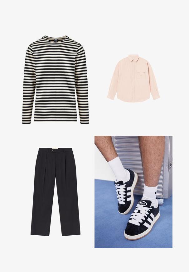 Garais piedurkņu svītrains krekls krēmkrāsā un melnā, ar apaļu kakla izgriezumu un taisnu piegriezumu. Izgatavots no mīksta kokvilnas materiāla ar vienmērīgām horizontālām svītrām.; Gaišs rozā garo piedurkņu krekls, izgatavots no mīksta auduma, ar pogājamu kaklu, priekšējo kabatu un nedaudz izšūtu logo uz krūtīm.; Pielāgoti tumši zilie bikses ar augstu jostasvietu, divām priekšējām krokām, pogu aizdari un taisnām kājām no gludas auduma.; Melni zamšaini sporta apavi ar baltiem šņorēm un trim baltām svītrām. Iekļauj arī apaļu melnu logotipu uz mēles un gumijas zoli.