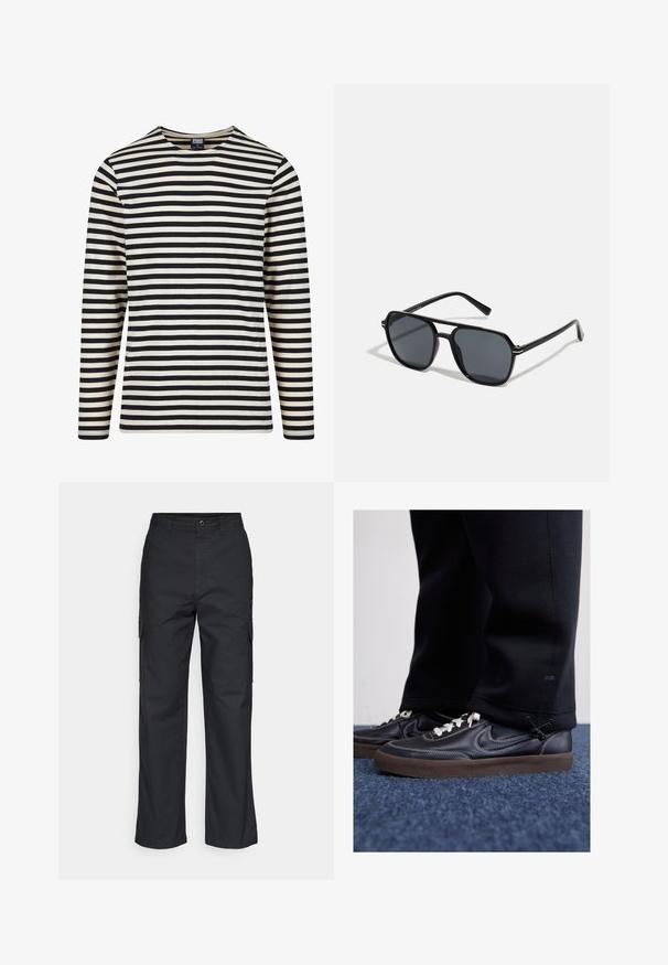 Pitkähihaine raidallinen paita kermanvärisessä ja mustassa, jossa on pyöreä kaula-aukko ja suora leikkaus. Valmistettu pehmeästä puuvillasta, jossa on tasaiset vaakaraidat.; Mustat cargo-housut suoralinjaisella designilla, joissa on sivutaskut ja teksturoitu kangas. Napilla kiinnitettävä vyötärö takaa tukevan istuvuuden.; Nike Sportswear KILLSHOT 2 LTR PRM OPP2 - Matalavartiset tennarit - black sail baroque brown mtlc dk grey; Musta aurinkolasit, joissa on oktaalinen kehys, tummat linssit, kiiltävä pinta, ohuet templesit ja kultaiset yksityiskohdat etupuolella.