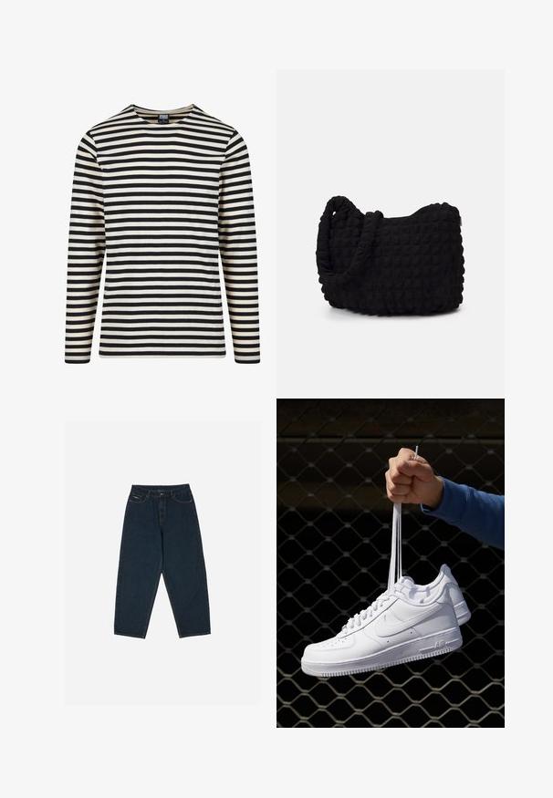 Hosszú ujjú csíkos ing krém és fekete színben, kerek nyakkivágással és egyenes szabással. Puha pamutból készült, egyenletes vízszintes csíkokkal.; Sötétkék, magas derekú farmernadrág, laza fit kialakítással, öt zsebbel és gombos záródással. Simaságot adó denim anyagból készült.; Fehér bőr sportcipők perforációval, kerek orral, lapos talppal és vastag fűzőkkel, látható swoosh logóval és "AIR" felirattal a sarokrészen.; Fekete szövet táska texturált, steppelt mintával. Kerek formájú, rövid, vastag fogantyúkkal és puha, rugalmas szerkezettel.