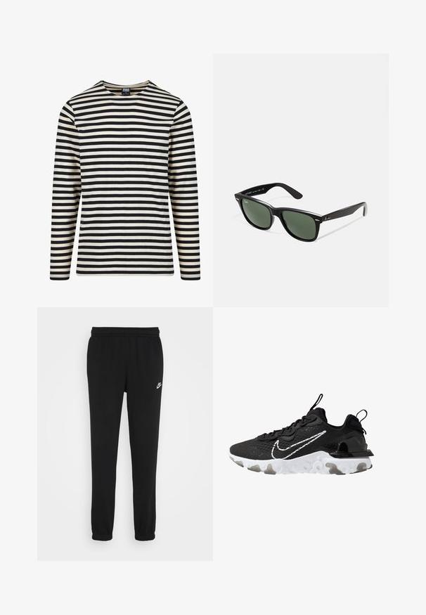 Hosszú ujjú csíkos ing krém és fekete színben, kerek nyakkivágással és egyenes szabással. Puha pamutból készült, egyenletes vízszintes csíkokkal.; Fekete sportnadrág gumis derékkal, lekerekített bokákkal és egy kis fehér Nike logóval a bal oldalon. Puha, texturált anyagból készült.; Fekete sportcipő, textúrális szövet felsőrésszel, fehér Nike pipa logóval és vastag fehér talppal. A sarkán húzófül található a könnyű felhúzás érdekében.; Fekete műanyag napszemüveg zöld lencsékkel, négyzet alakú kerettel, ezüst díszítéssel a keret felső részén, valamint texturált szárakkal. A márka neve a belső száron található.
