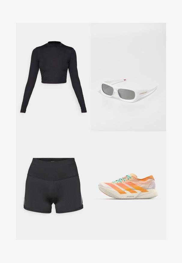 Crni dugi rukav, crop top s visokim izrezom. Napravljen od rebrastog materijala, s prilagođenim rukavima i čistim, bešavnim detaljem na rubu.; Crne sportske hlače kratke s visokim strukom, izrađene od rastezljivog materijala. Imaju bijele bočne pruge i flatlock šavove za udobnost.; Trening tenisice s kombinacijom narančaste, breskvaste i bijele boje. Ima tri bijele pruge i svijetloplave vezice.; Bijele pravokutne Oakley sunčane naočale s tamnim staklima odmaraju se na bijeloj površini, logo vidljiv sa strane.