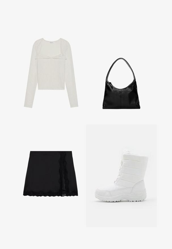 Bluză lungă bej deschis cu mâneci lungi, cu o textură din țesătură cu nervuri. Are un detaliu din dantelă la margini și un design scurtat, cu decolteu rotund și mâneci ajustate.; Even&Odd Fustă mini - black; Bocanci de iarnă impermeabili, albi, cu un material superior căptușit, design texturat, șnururi ajustabile și o talpă din cauciuc robustă pentru aderență.; Geantă de umăr din piele neagră cu o textură netedă, un vârf curbat și o singură curea. Dispune de un sistem de închidere prin fermoar și un design minimalist.