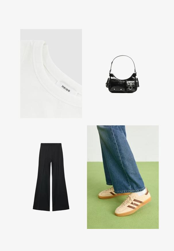 Witte katoenen t-shirt met een ronde hals en gestikte details; het label zegt "REISS." Glad textuur, eenvoudig ontwerp.; Zwarte wijde-pijpen broek met een gladde textuur, gekenmerkt door voorplooien en een op maat gemaakte uitstraling. De stof is lichtgewicht en vloeiend.; Beige sneakers met gestructureerde crèmekleurige panelen en bruine strepen, gecombineerd met blauwe denim jeans. De jeans hebben een brede pijp en een rafelige zoom.; Zwarte laarzen in lakleer met een gebogen vorm, één schouderband, voorvakken en accenten in zilverkleurig metaal.