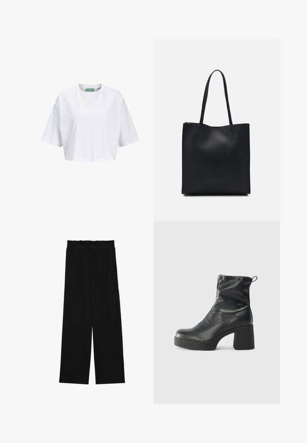 T-shirt branca cropped feita de algodão, com mangas curtas e decote redondo. Etiqueta verde por dentro com o nome da marca visível.; Calças largas pretas com um cinto franzido, apresentando dois bolsos laterais e um tecido suave e leve. Sem padrões ou ferragens visíveis.; Botas de tornozelo pretas feitas de couro liso, com fecho lateral, salto grosso texturizado e design de bico arredondado.; Bolsa tote preta em couro com textura lisa, forma retangular e duas alças longas. Sem hardware ou enfeites visíveis.