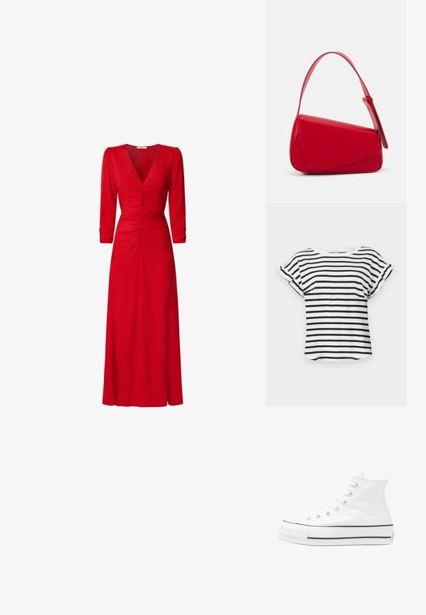 Tricou cu mânecă scurtă, în dungi alb-negru, cu decolteu rotund și manșete răsucite, realizat dintr-un material moale. Design casual, cu o croială lejeră.; Rochie roșie cu decolteu în V, mâneci trei sferturi și detalii pliate la talie și spate. Materialul pare neted și ușor.; Adidași albi tip pantofi sport cu glezna din pânză, cu talpă din cauciuc negru, capac de vârf din cauciuc frontal și șase ochiuri pentru șireturi, având un design curat și minimalist.; Geantă de mână din piele roșie, cu un design unghiular și geometric. Dispune de o singură curea ajustabilă și un sistem de închidere cu clapetă, cu detalii cusute.