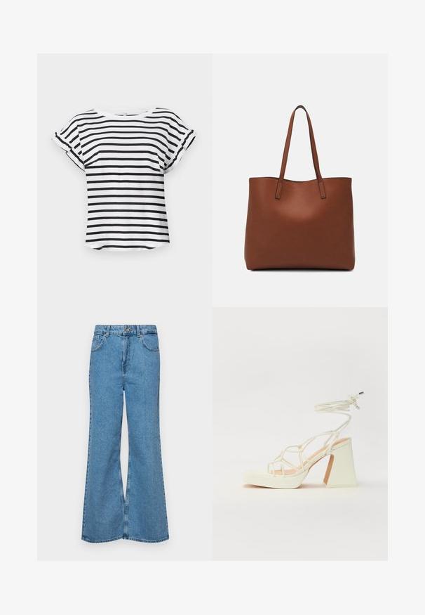 Camiseta de manga corta a rayas en blanco y negro con cuello redondo y mangas enrolladas, hecha de una tela suave. Diseño casual y de corte relajado.; Jeans acampanados de color azul claro hechos de denim, con una cintura alta, cinco bolsillos y un cierre de botón. Textura suave con acabado desgastado.; Sandalia de tacón alto blanca con un tacón grueso, que presenta un diseño de tiras y un lazo en el tobillo. Textura suave con una plataforma en la parte delantera para mayor altura.; Bolso tote de cuero marrón con una textura suave, diseño de apertura superior y dos correas para el hombro. Presenta una costura mínima y sin herrajes visibles.