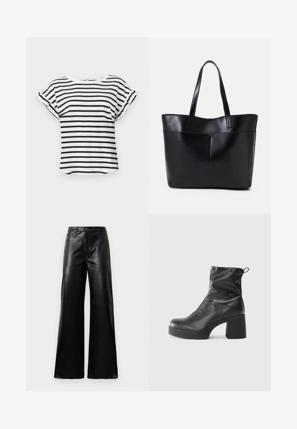 Črno-bela prugasta majica s kratkimi rokavi in okroglim izrezom ter zavihanimi manšetami, izdelana iz mehkega blaga. Ohlapen, sproščen kroj.; Črne široke hlače iz umetnega usnja z visokim pasom, sprednjim gumbom, zadrgo, zanke za pas in stranskimi žepi na beli podlagi.; Črne gležnjarje iz gladke kože z božnim zadrgo, masivnim teksturiranim peto in zaobljeno obliko prstov.; Črna usnjena torba z dvema dolgima ročajema, gladko teksturo in strukturirano obliko. Ima sprednji žep za dodatno shranjevanje.