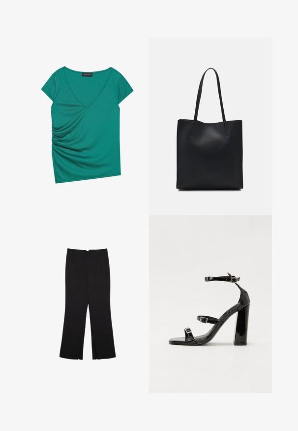 Błękitna bluzka z dekoltem w serek, wykonana z miękkiego materiału, z krótkimi rękawami i marszczeniami na bokach, które dodają faktury i detali. Model: Anna Field.; Czarne spodnie o prostym kroju, z przednimi kieszeniami i bocznymi rozcięciami na dole. Wykonane z miękkiego, gładkiego materiału. Odpowiednie na różne okazje.; Czarne lakierowane sandały na obcasie z kwadratowym noskiem, z paskami wokół kostki i srebrnymi klamrami. Posiadają masywny słupek dla stabilności.; Czarna skórzana torba tote o gładkiej fakturze, prostokątnym kształcie i dwóch długich uchwytach. Brak widocznych elementów metalowych i ozdób.