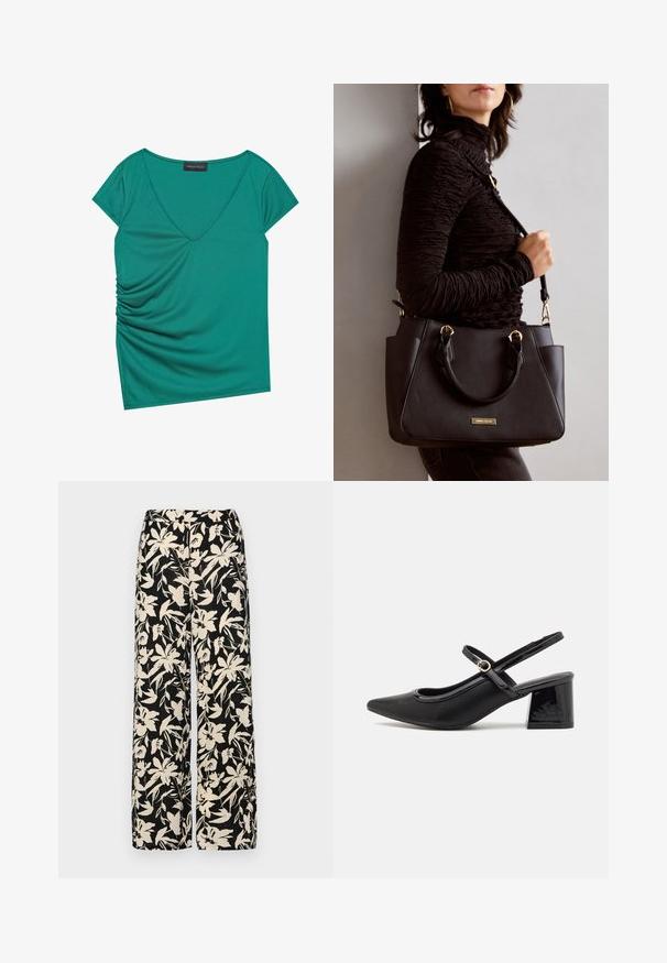 Teal V-neck top made from soft fabric, featuring short sleeves and side ruching for added texture and detail. Model: Anna Field.; Black wide-leg pants with a cream floral pattern. Made of lightweight fabric, featuring a smooth texture and a high waistband.; Black patent leather slingback heels with a pointed toe, a rounded cutout design, and a block heel. Features a gold-tone buckle accent.; Black handbag with textured surface, dual top handles, and adjustable shoulder strap. Features gold-tone hardware and side pockets.