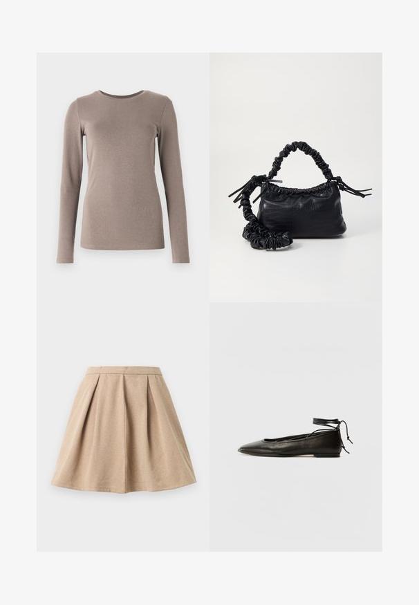 GAP CREW - Pikkade varrukatega topp - grey; Kreemikas pleeditud seelik, mis on valmistatud tekstuurilisest kangast, omades sobivat vöökohta ja laienevat disaini, mis ulatub keskmise reieni.; Must mustast balletijalatsid, millel on terav nina, pahkluu seotud ja lame tall, sujuva tekstuuri ning minimalistlik disain.; Must must sünteetilisest nahast käekott, millel on krokodillimuster, kokku tõmmatav ülaosa ja kortsus rihm. Tundub pehme ja kompaktne disain.