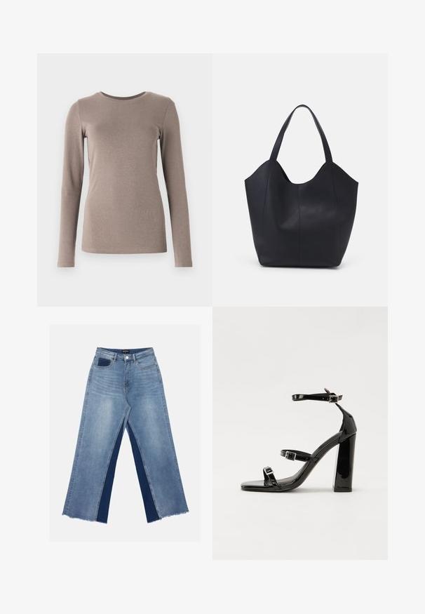 GAP CREW - Top dugih rukava - grey; Svijetloplave široke traperice s kontrastnim tamnoplavim panelima, rastrganim rubovima i standardnim strukom s metalnim kopčanjem.; Crne lakirane sandale na pete sa kvadratnim nosom, trakama oko gležnja i srebrnim kopčama. Imaju čvrst blok petu za stabilnost.; Crna torba od glatke kože, s zakrivljenim otvorenim vrhom, dva remena za rame i minimalističkim dizajnom.