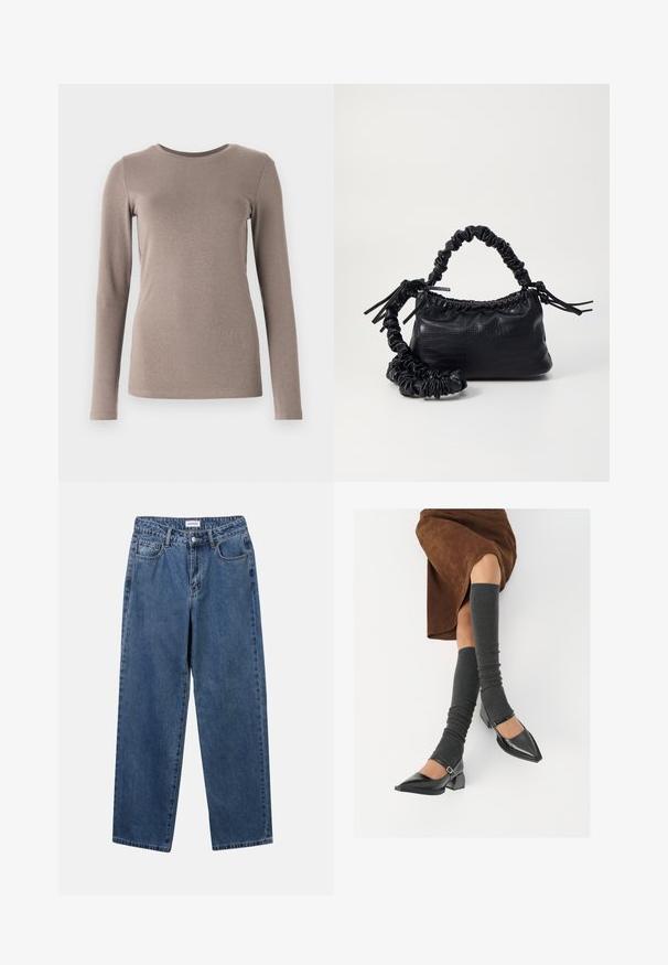 GAP CREW - Maglietta a manica lunga - grey; Jeans in denim blu classico con design a gamba dritta, cinque tasche e chiusura con bottone. Presentano un lavaggio medio e una trama robusta.; Scarpe nere in pelle verniciata con punta affilata, tacco a blocco e cinturino alla caviglia, abbinate a scaldamuscoli grigi a coste e una gonna in suede marrone.; Borsa a tracolla in ecopelle nera con texture a coccodrillo, apertura cinchata e tracolla arricciata. Si presenta con un design morbido e compatto.