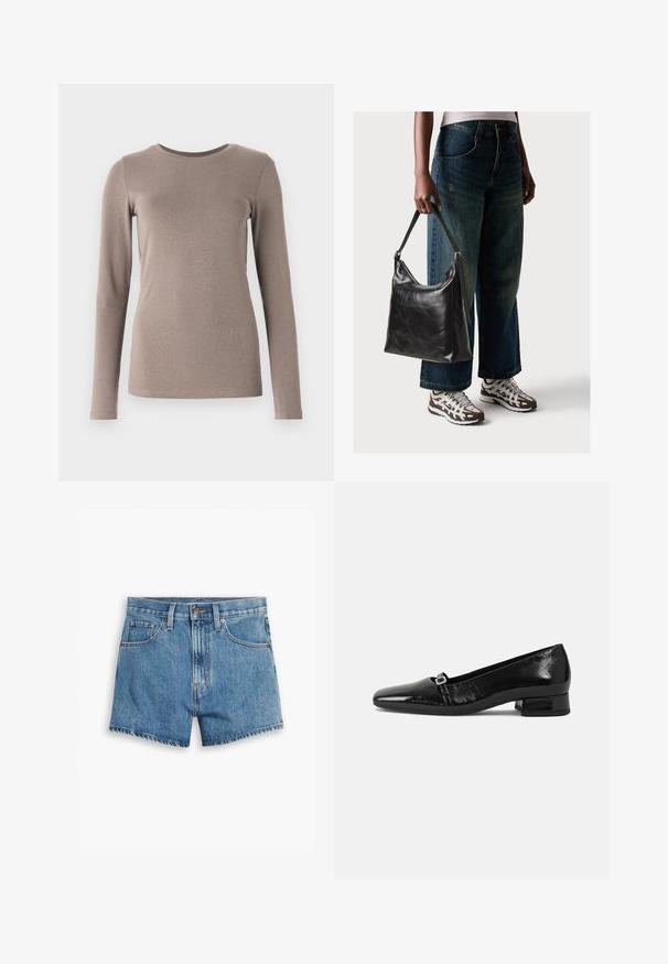 GAP CREW - Longsleeve - grey; Lichtblauwe denimshorts met vijf zakken, een ritssluiting en een knoopsluiting. De zoom is rafelig en heeft een ontspannen pasvorm.; Zwarte laarzen van gepatenteerd leer met een puntige neus, een lage vierkante hak en een kleine metalen gespdetail op de band. Gladde textuur.; Zwarte leren schoudertas met een gladde textuur en een verstelbare strap, gecombineerd met vervaagde wijde jeans en sportieve sneakers.