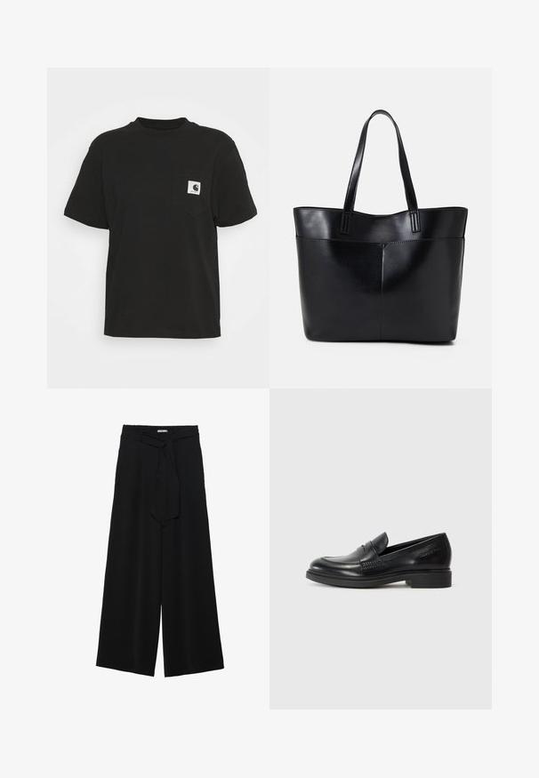 Schwarzes Baumwoll-T-Shirt mit kurzen Ärmeln, Rundhalsausschnitt und einer Fronttasche, die ein quadratisches Logo in Weiß und Schwarz zeigt.; Schwarze weite Hosen aus strukturiertem Stoff, mit elastischem Bund und einem abnehmbaren Bindegürtel in der Taille für eine verstellbare Passform.; Schwarze Lederl loafers mit runder Zehenform, genähten Details und einem niedrigen Blockabsatz. Glatte Textur ohne sichtbare Muster oder Akzente.; Schwarze Leder-Shopper-Tasche mit zwei langen Griffen, einer glatten Textur und einer strukturierten Form. Verfügt über eine Vordertasche für zusätzlichen Stauraum.