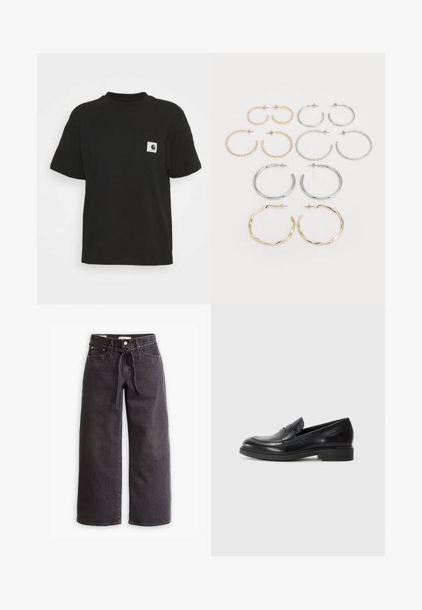 Melns kokvilnas T-kreklu ar īsām piedurknēm, apaļu kakla izgriezumu un priekšējo kabatu, kurā ir kvadrātveida logo baltā un melnā krāsā.; Melni platajā grieztie džinsi, izgatavoti no denima, ar jostu ar auklu, piecām kabatām un kontrastējošām šuvēm. Dzegužu priekšpuse.; Melnas ādas loaferi ar noapaļotu purngalu, izšūtiem pārmetumiem un zemu bloku papēdi. Gluda tekstūra bez redzamām rakstu vai akcentiem.; Divpadsmit auskaru komplekts ar riņķiem sudraba un zelta tonī. Ietver vītņotus, gludus un teksturētus dizainus ar dažādiem izmēriem un apdares veidiem.