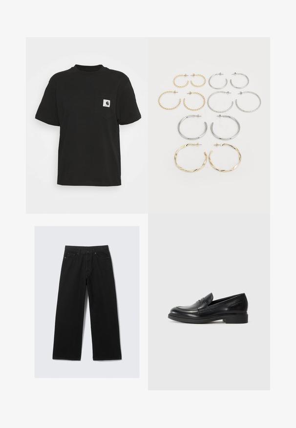 Svart bomulls T-skjorte med korte ermer, rund hals og en frontlomme med et firkantet logo i hvitt og svart.; Sorte vide benbukser laget av denim, med et klassisk fem-lommers design og en strukturert linning med beltehemper.; Sorte skinnloafers med rund tå, sydd detaljer og lav blokkhelt. Glatt tekstur uten synlige mønstre eller detaljer.; Sett med tolv hoop øredobber i sølv- og gulltoner. Inkluderer vridde, glatte og teksturerte design med ulike størrelser og overflater.