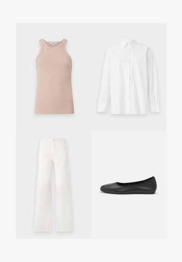 Bežs ribots topiņš ar plašu apkakli un bez piedurknēm. Mīksta tekstūra, pieguļošs pielietojums un minimālistisks stils. Zīmola etiķete redzama.; Balta garām piedurknēm krekls, izgatavots no kokvilnas, ar klasisku apkakli, pogu aizdari un vienu krūšu kabatu kreisajā pusē.; Baltas, augsto jostasvietu platās kājas džinsi, izgatavoti no denima. Iekļauj pogu aizdari, divas priekšējās kabatas un sānu šuves ar šuvju detaļām.; Melna ādas baleta kurpe ar noapaļotu purngalu, gludu tekstūru, minimālu šuvju detalizāciju un elastīgu zoles dizainu.