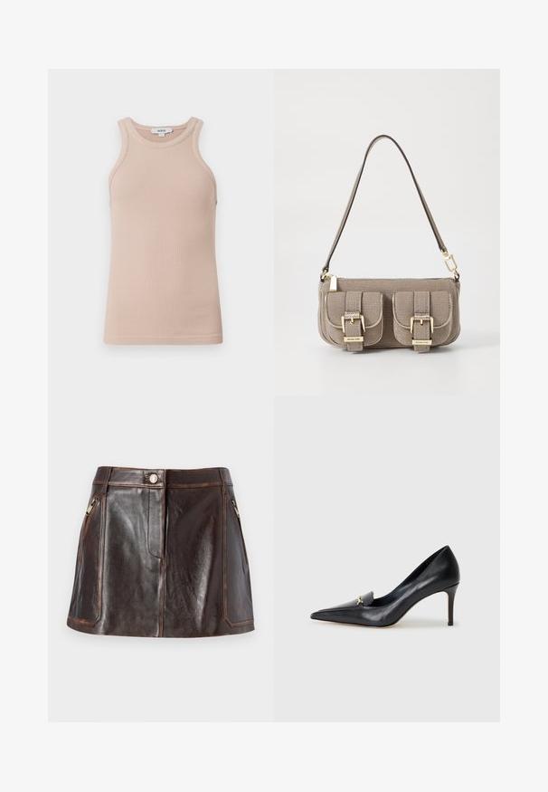 Beige ribbed tank top with wide neckline and sleeveless design. Soft texture, fitted shape, and minimalistic style. Brand label visible.; Black leather shirt with a button-up front, pointed collar, and two chest pockets. Features a loose fit and smooth texture.; Brown leather mini skirt featuring a sleek design, two zippered side pockets, and contrasting stitching along the edges.; Black leather pump with a pointed toe, low-cut vamp, and a decorative gold accent. Features a stiletto heel and smooth texture.; Beige textured handbag with adjustable strap, two front pockets secured by buckles, and gold hardware accents. Zipper closure at the top.