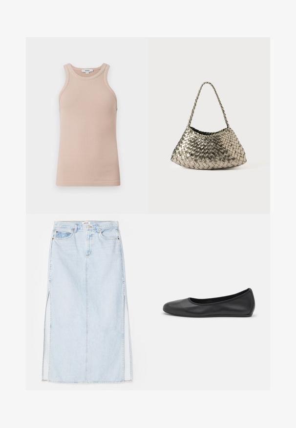 Béžový žebrovaný top bez rukávů s širokým výstřihem. Měkká textura, přiléhavý střih a minimalistický styl. Viditelná značka.; Světle modrá denimová maxi sukně se střihém do tvaru A, která má boční rozparky a design s pěti kapsami. Výrazné švy a kovové zapínání na knoflík.; Černé kožené baletní byty s kulatou špičkou, hladkou texturou, minimálními švy a flexibilním designem podrážky.; Kovová tkaná kabelka trojúhelníkového tvaru, s pleteným páskem a sametově podšitým interiérem. Barva: stříbrná. Textura: hladká a textilní.