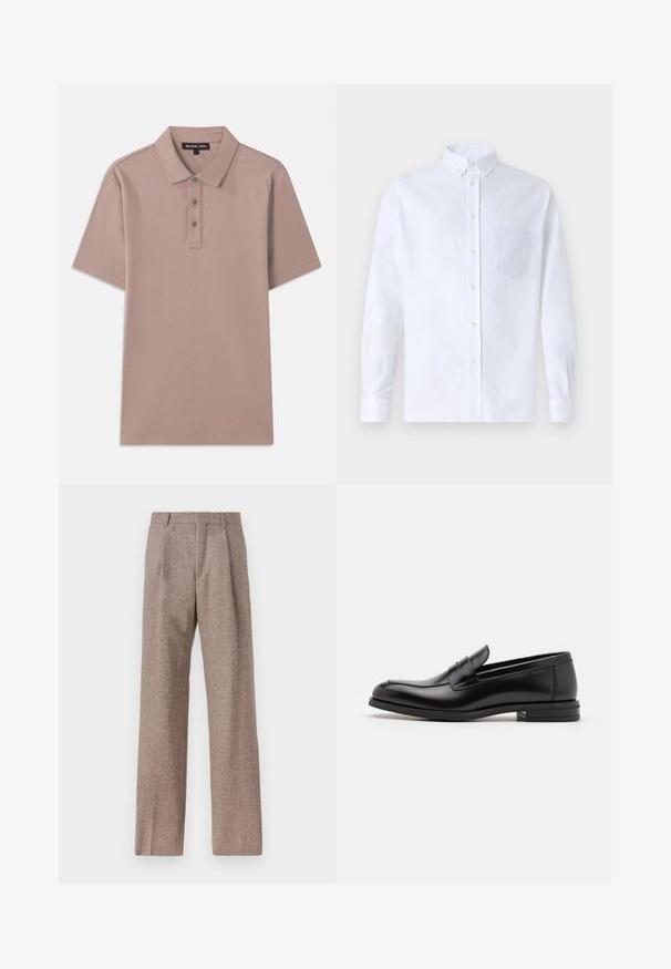 Világosbarna anyagú pólóing rövid ujjakkal, három gombos gombolással és hímzett "MK" logóval a mellkason. Sima textúra.; Fehér, hosszú ujjú, gombos ing pamutból, mellzsebbel, tónusos hímzéssel, gallérral és gombos mandzsettával.; Barna, magas derekú nadrág texturált anyagból. Széles szárai és két elülső redője biztosítja a struktúrát. Ízléses kivitel, látható fémszerelés nélkül.; Fekete bőr loaferek sima textúrával, kerek orral és dekoratív pánttal a vampnál. Alacsony, rétegelt sarkú, minimalista dizájn.