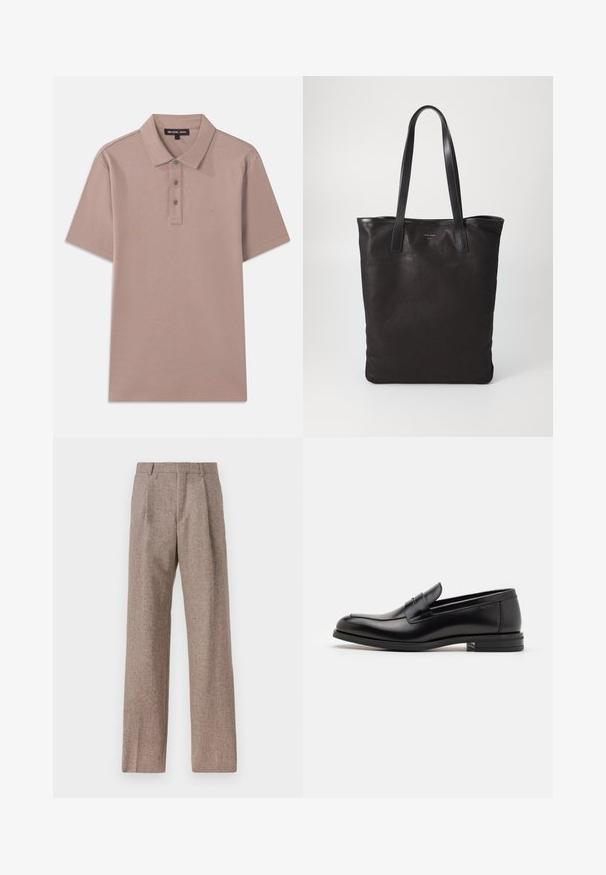 Poloshirt in lichtbruin stof met korte mouwen, drieknoopsluiting en geborduurd "MK" logo op de borst. Glad textuur.; Bruine, hooggewaisted broeken van een gestructureerde stof. Heeft wijde benen en twee voorplooien voor extra structuur. Net afgewerkt zonder zichtbare hardware.; Zwarte leren instappers met een gladde textuur, ronde neus en een decoratieve band over de wreef. Lage, gestapelde hak en minimalistisch ontwerp.; Zwarte canvas schoudertas met zwarte leren handvaten. Eenvoudig ontwerp, ruime body en een gladde textuur. Geen zichtbare logo's of patronen.