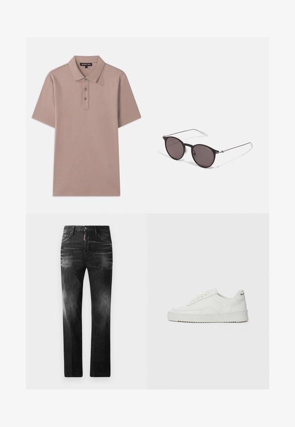 Lühikeste varrukatega heledast pruunist kangast polo särk, millel on kolm nupuvajutust ja rinnal broderi "MK" logo. Sile tekstuur.; Mustad denim püksid otse lõikega. Omavad kulunud piirkondi, väikseid kahjustusi, klassikalist viit taskut ning nööpkinnitust.; Valge nahast tennis, millel on sile põhi, ümar varvas, lamedad nöörid ja tekstuuriline tall. Sisaldab diskreetset logo kontsaribal.; Mustad mustad prillid tumedate läätsedega ja õhukeste metallist käepidemetega. Kaarja kujuga seljaosa ja hõbedased aktsendid hingel. Minimalistlik disain.