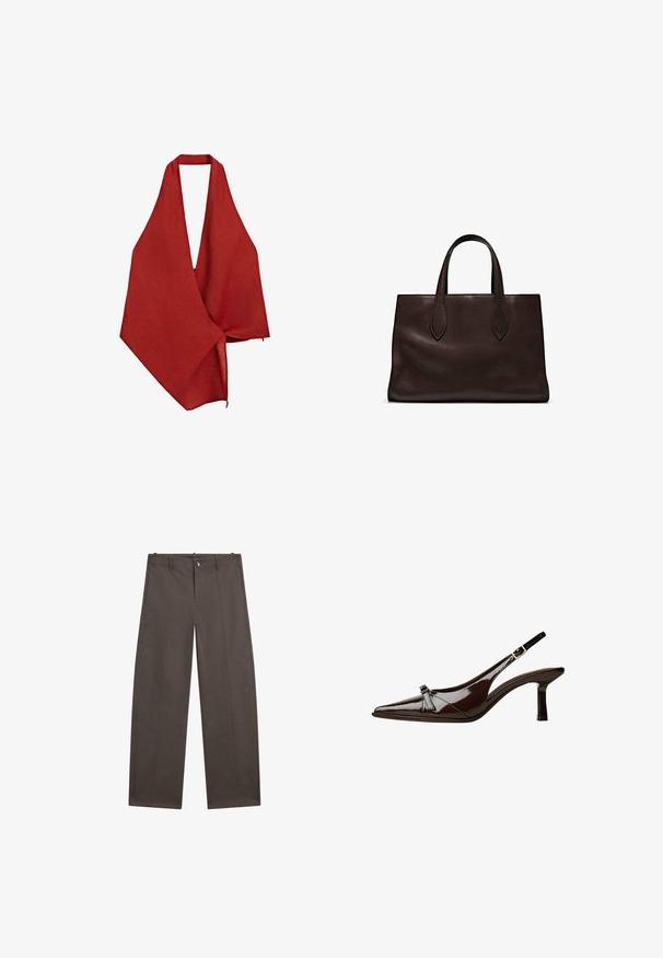 Rotes Leinen-Wickelkleid mit tiefem V-Ausschnitt. Leichter, strukturierten Stoff, der asymmetrisch fällt und mit einem rohen Besatz endet.; Weite Hosen aus dunkelbraunem Stoff. Mit einem Knopfverschluss, zwei vorderen Taschen und einer glatten Textur mit sauberen Nähten.; Braune Lackleder-Slingback-Schuhe mit spitzem Zehenbereich, niedrigem Absatz und einer dekorativen Schleifenakzent an der Vorderseite. Glatte, glänzende Textur.; Braune Ledertasche mit zwei langen Griffen, strukturierte rechteckige Form, glatte Textur und dezente Nähdetails.