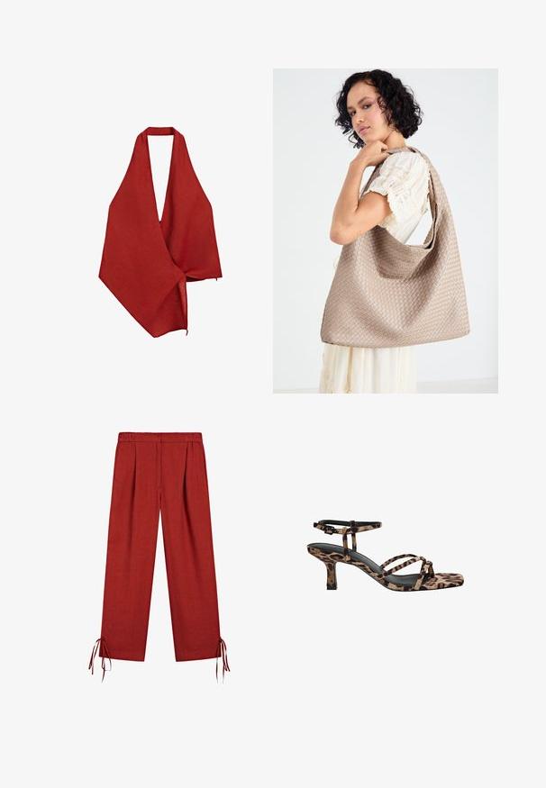 Involucro di lino rosso con un design a profonda scollatura a V. Tessuto leggero e strutturato che cade in modo asimmetrico, con un bordo grezzo.; Pantaloni larghi rossi con vita elastica e lacci alle orli, realizzati in tessuto leggero.; Sandali con tacco in stampa leopardata, con punta quadrata, multiple cinghie e un tacco di altezza media. Realizzati in morbido materiale tessile.; Borsa tote beige intrecciata con un design morbido e una sola tracolla. Presenta un motivo Texturizzato su tutta la superficie.