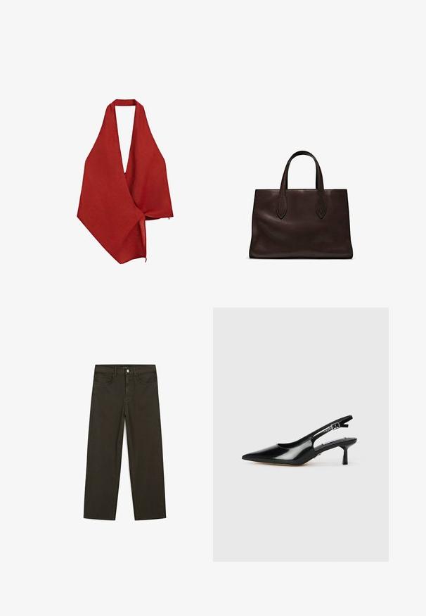 Involucro di lino rosso con un design a profonda scollatura a V. Tessuto leggero e strutturato che cade in modo asimmetrico, con un bordo grezzo.; Jeans a gamba larga di colore verde scuro, realizzati in tessuto misto cotone, dotati di chiusura con bottone frontale, cinque tasche e cuciture classiche in denim.; Decolleté in vernice nera con punta affusolata, tacco sottile e cinturino regolabile. Texture liscia con dettagli minimi.; Borsa a spalla in pelle marrone con due manici lunghi, forma rettangolare strutturata, texture liscia e dettagli di cucitura sottili.