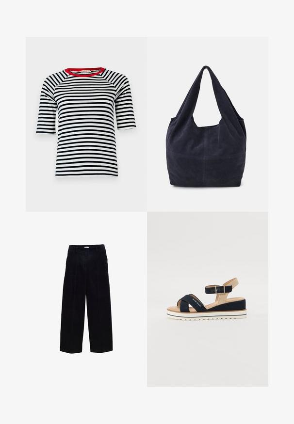 Csíkos póló sötétkék és fehér vízszintes csíkokkal, piros nyakkivágással, raglán ujjakkal és puha pamut anyaggal, amely laza fazonú.; Sötétkék kordbársony széles szárú nadrág, egyenes fazonnal, elülső részekkel és finom textúrával. Övhurkokkal és fémezett cipzárral rendelkezik.; Tengerészkék szandál két vászonpánttal, állítható bokapánttal és textúrált bézs hátsó résszel. Vastag, fehér, hullámos talp. Márkanevével ellátott pánt.; Tengerész kék velúr táska laza kivitelben, széles vállpántokkal és látható varrási részletekkel a táskán.