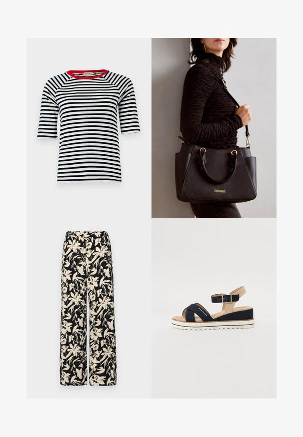 Striped t-shirt with navy and white horizontal stripes, red neckline, raglan sleeves, and soft cotton material, offering a relaxed fit.; Black wide-leg pants with a cream floral pattern. Made of lightweight fabric, featuring a smooth texture and a high waistband.; Navy blue sandal with two fabric straps, adjustable ankle strap, and textured beige back. Thick, white, scalloped sole. Brand printed on strap.; Black handbag with textured surface, dual top handles, and adjustable shoulder strap. Features gold-tone hardware and side pockets.