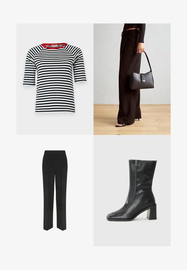 Prugasta majica s mornarsko plavim i bijelim horizontalnim prugama, crvenim izrezom, raglan rukavima i mekanim pamučnim materijalom, koja nudi opušteni kroj.; Crne hlače ravnog kroja, s jednostavnim pojasom i bez vidljivih džepova, prikazane na bijeloj pozadini.; Crne kožne čizme do gležnja s četvrtastim prstom, bočnim patentnim zatvaračem i čvrstim, četvrtastim potpeticama. Imaju kontrastno šivanje uz prednji šav.; Crna torba s oblikom koji sadrži strukturu, glađu teksturu i metalnu kopču. Uparena s širokim crnim hlačama i sandalama na otvorenom s drvenog poda.