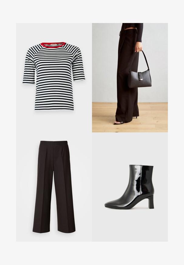 Tricou cu dungi, cu dungi orizontale în nuanțe de bleumarin și alb, guler roșu, mâneci raglan și material moale din bumbac, oferind o croială lejeră.; Pantaloni negri cu laturi largi, cu o față plată, pliseuri și o textură de țesătură fină. Prezintă un talie înaltă și o croială ajustată pentru un fit structurat.; Botine negre din piele lacuită, cu vârful ascuțit și toc bloc de înălțime medie. Textură netedă și design minimalist.; Genți negre cu o formă structurată, textură netedă și un închizător metalic. Asortată cu pantaloni negri largi și sandale cu vârf deschis pe un podea din lemn.